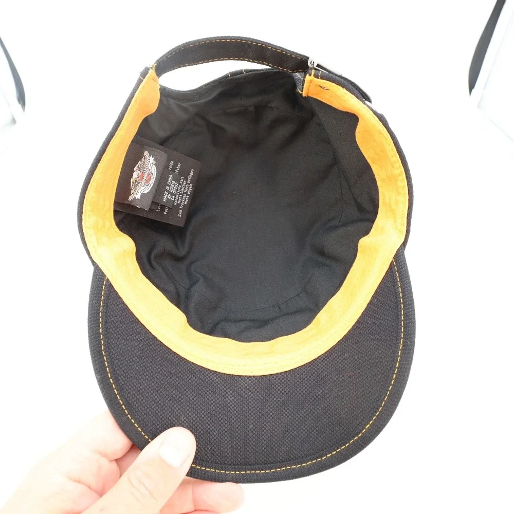 Harley Davidson Mens Black Canvas Military Cadet Hat Orange Contrast Stitching